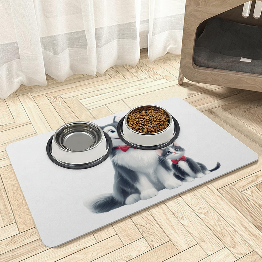 Cute Husky and Kitten with Red Bowties Pet Feeding Mat