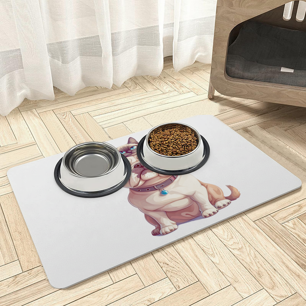 Sad Pug with Siamese Cat on Head Pet Feeding Mat