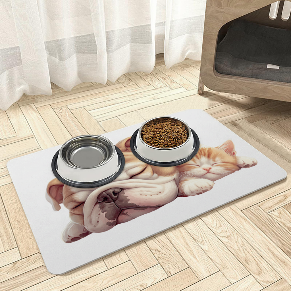 Sleeping Bulldog and Ginger Kitten Pet Feeding Mat