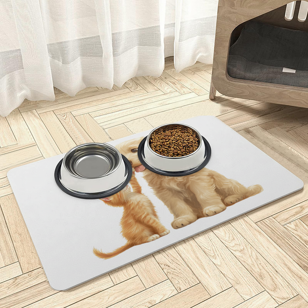 Golden Retriever and Ginger Kitten Pet Feeding Mat