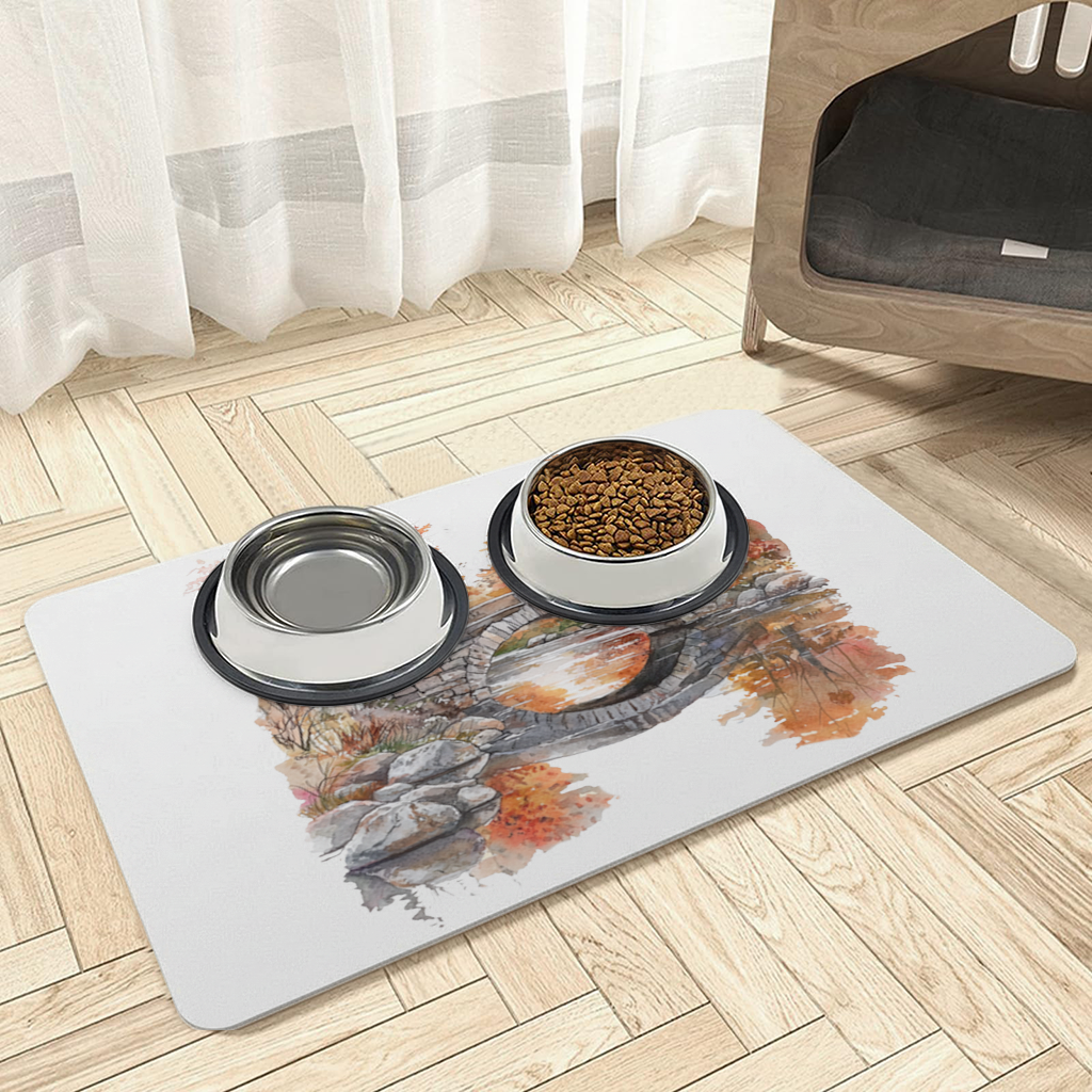 Autumn Stone Arch Bridge Over River Pet Feeding Mat