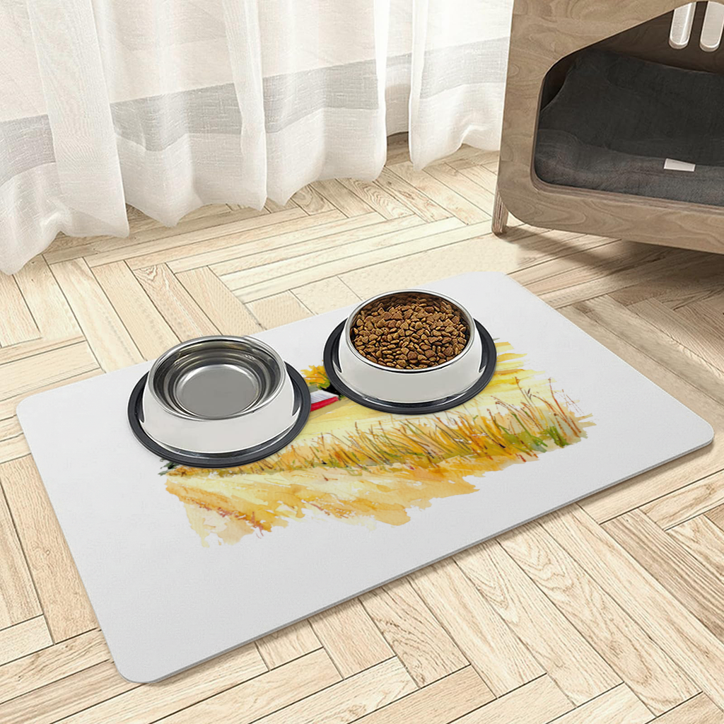 Red Farm Silo and Golden Wheat Field Pet Feeding Mat