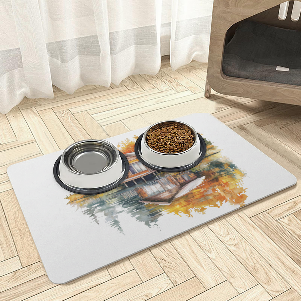Lakeside Log Cabin Autumn Landscape Pet Feeding Mat