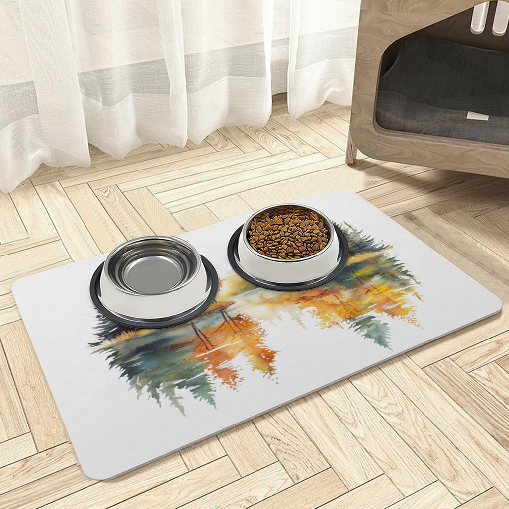 Autumn Forest Lake Reflection Pet Feeding Mat