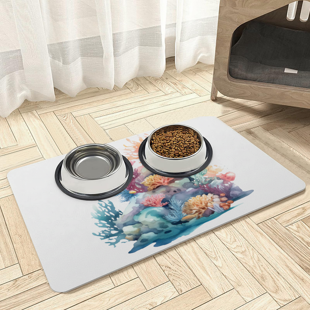 Vibrant Watercolor Coral Reef Scene Pet Feeding Mat
