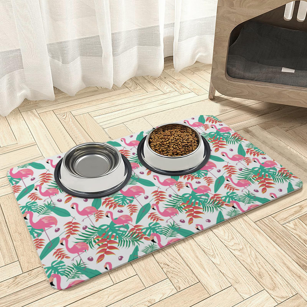 Pink Flamingo Tropical Leaves Pet Feeding Mat