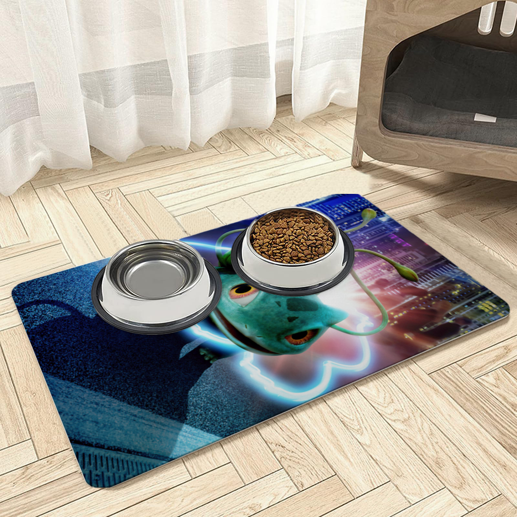 Glowing Neon Creature in Night City Pet Feeding Mat