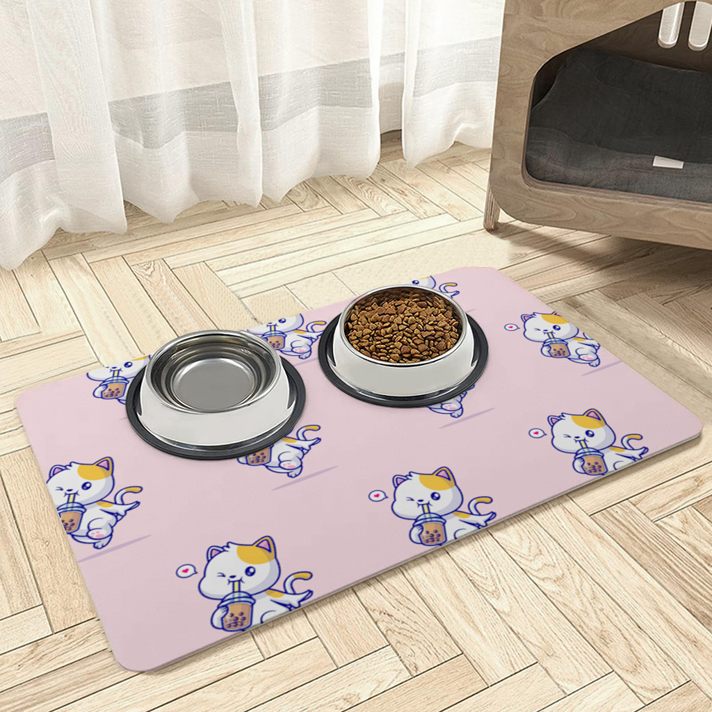 Boba Çayı İçen Kawaii Kedi Evcil Hayvan Besleme Matı