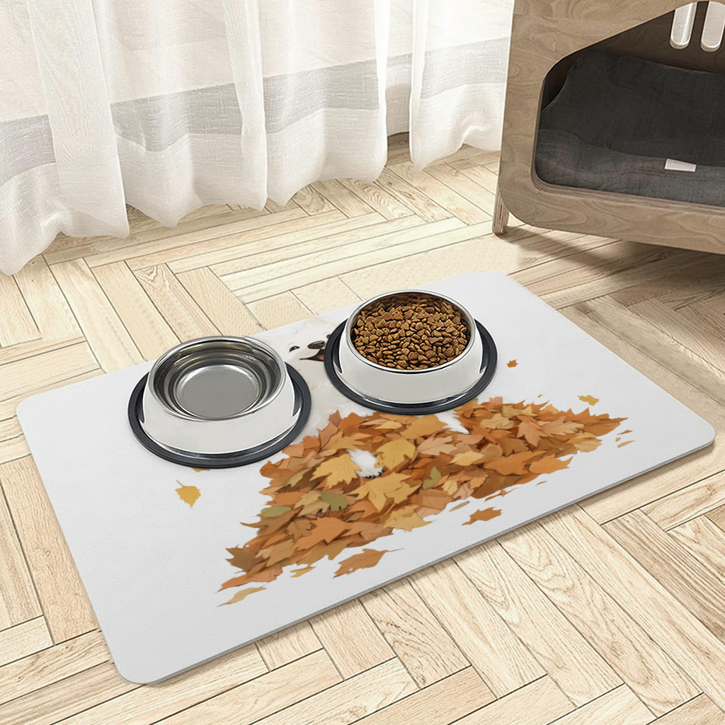 Happy White Dog in Autumn Leaves Pet Feeding Mat