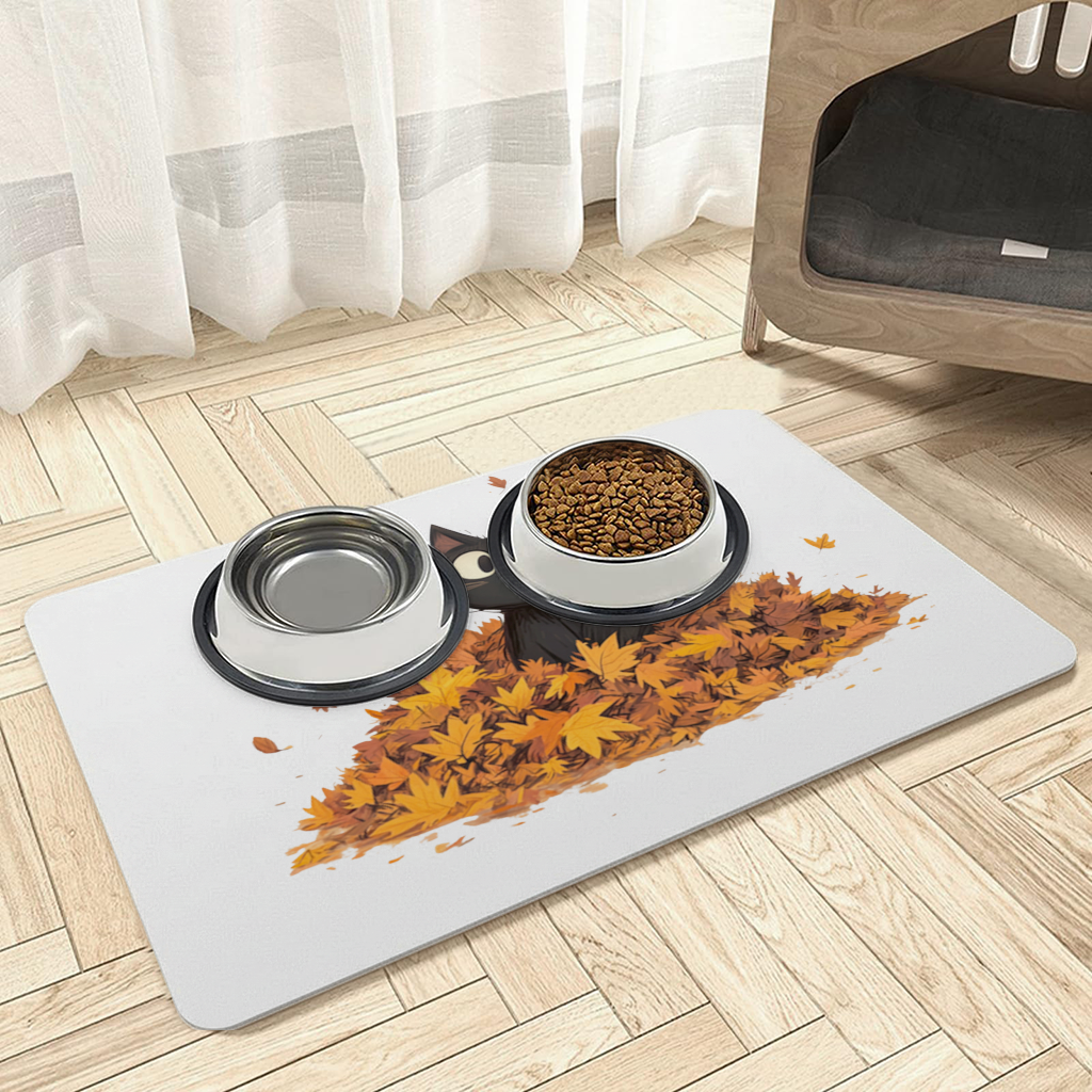 Cute Black Cat in Autumn Leaves Pet Feeding Mat