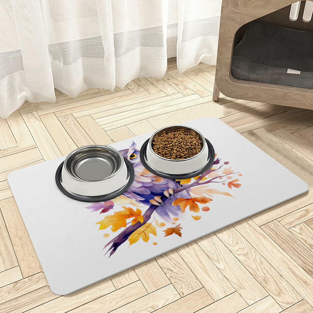 Whimsical Autumn Owl and Butterfly Pet Feeding Mat