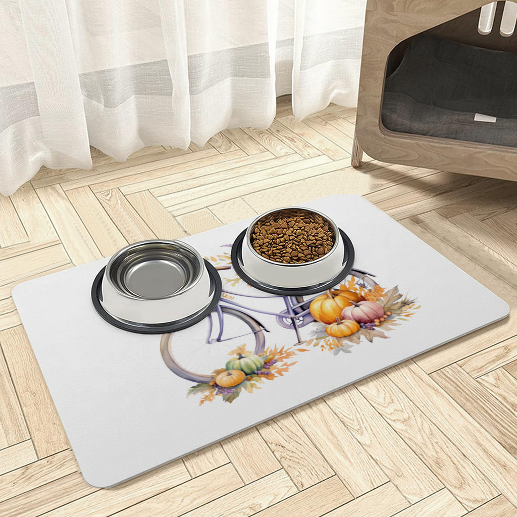 Lavender Autumn Bicycle with Pumpkins Pet Feeding Mat