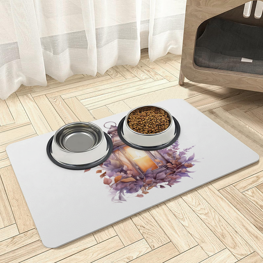 Cottagecore Lavender and Leaves Lantern Pet Feeding Mat