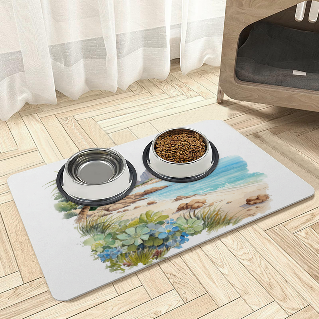 Tropical Palm Tree and Turquoise Sea Pet Feeding Mat
