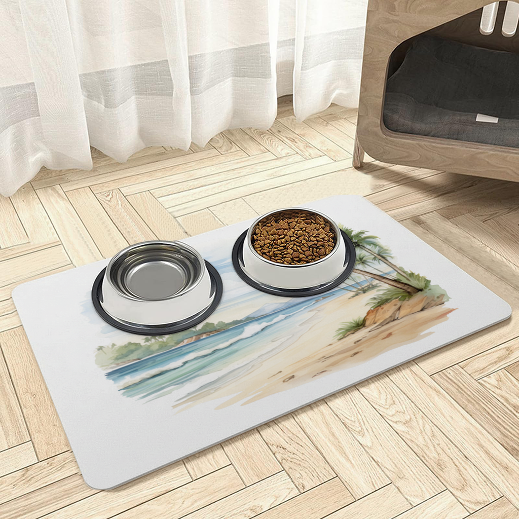 Tropical Palm Tree Beach Pet Feeding Mat