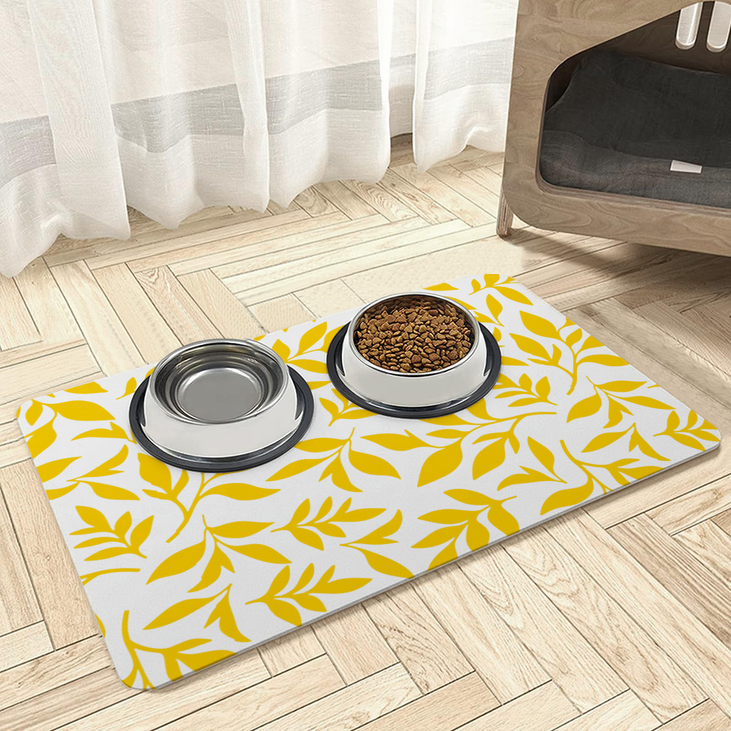 Mustard Yellow Botanical Leaves Pet Feeding Mat