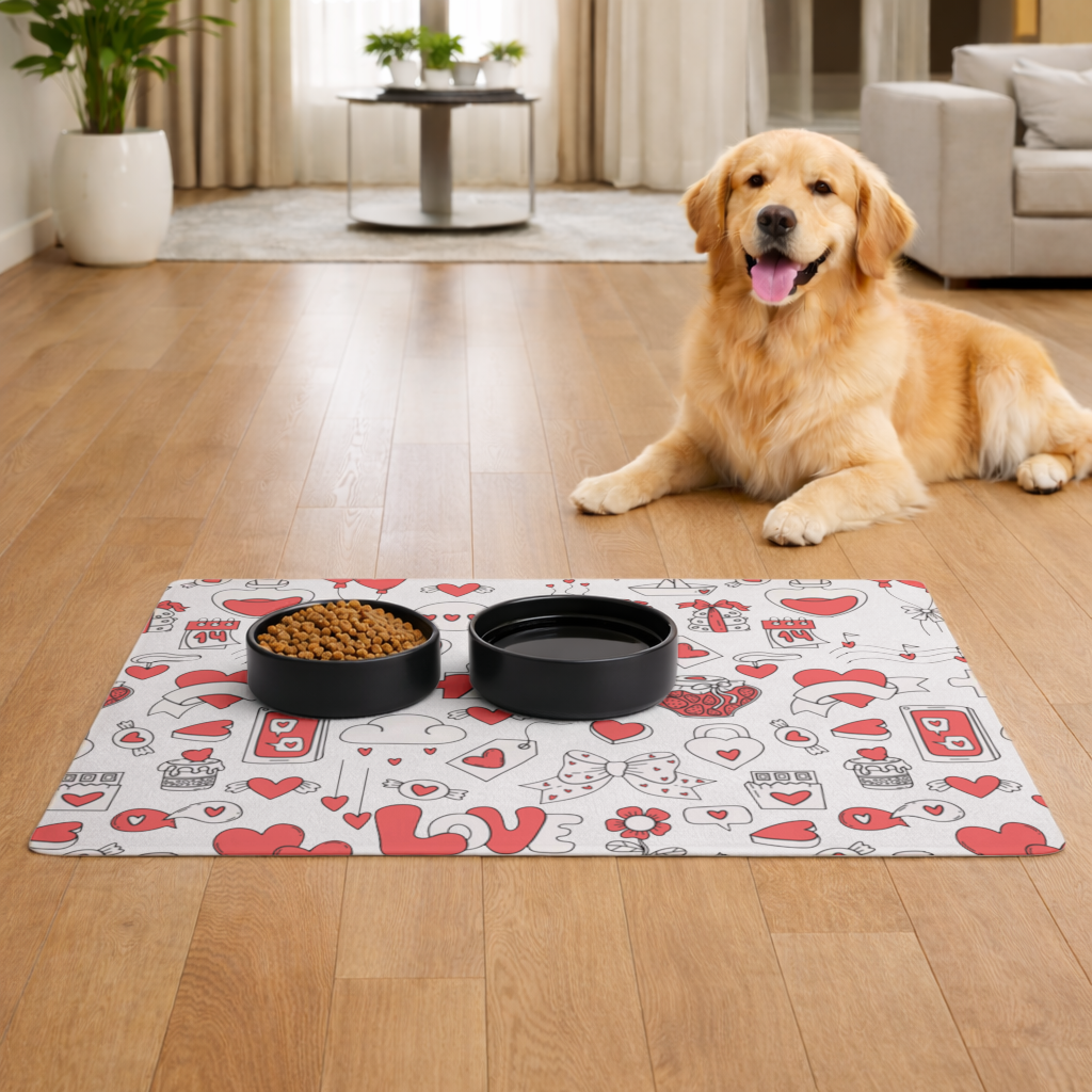 Valentines Day Doodle Love Heart Pattern Cute Design Pet Feeding Mat
