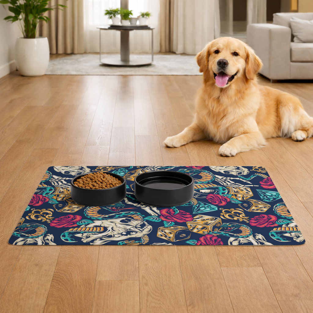 Skull Snake Dice and Roses Pattern Pet Feeding Mat