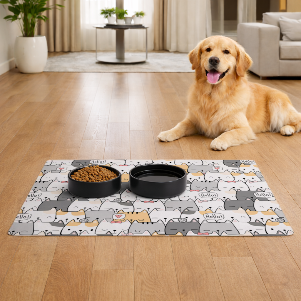 Cute Cartoon Cats Pattern with Speech Bubbles Pet Feeding Mat