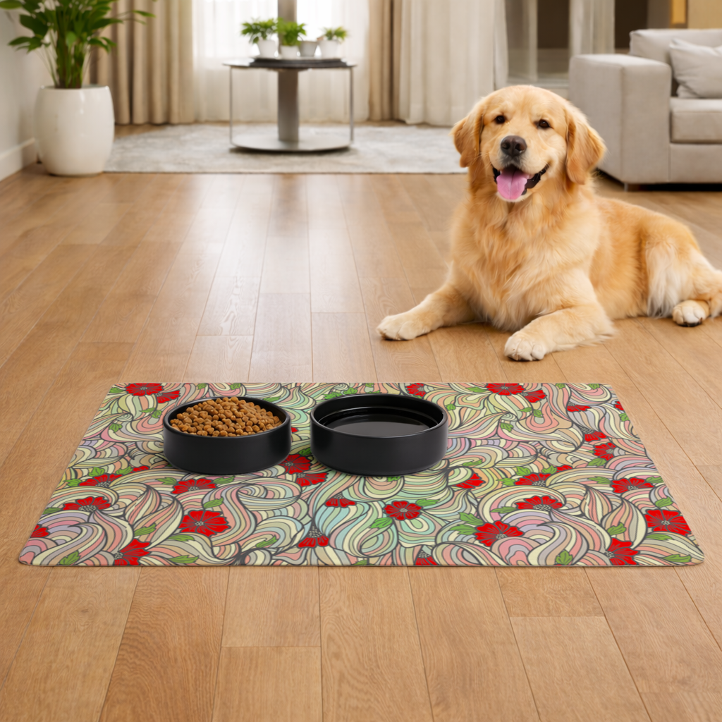 Çiçekli Retro Dalgalı Desen Evcil Hayvan Besleme Matı