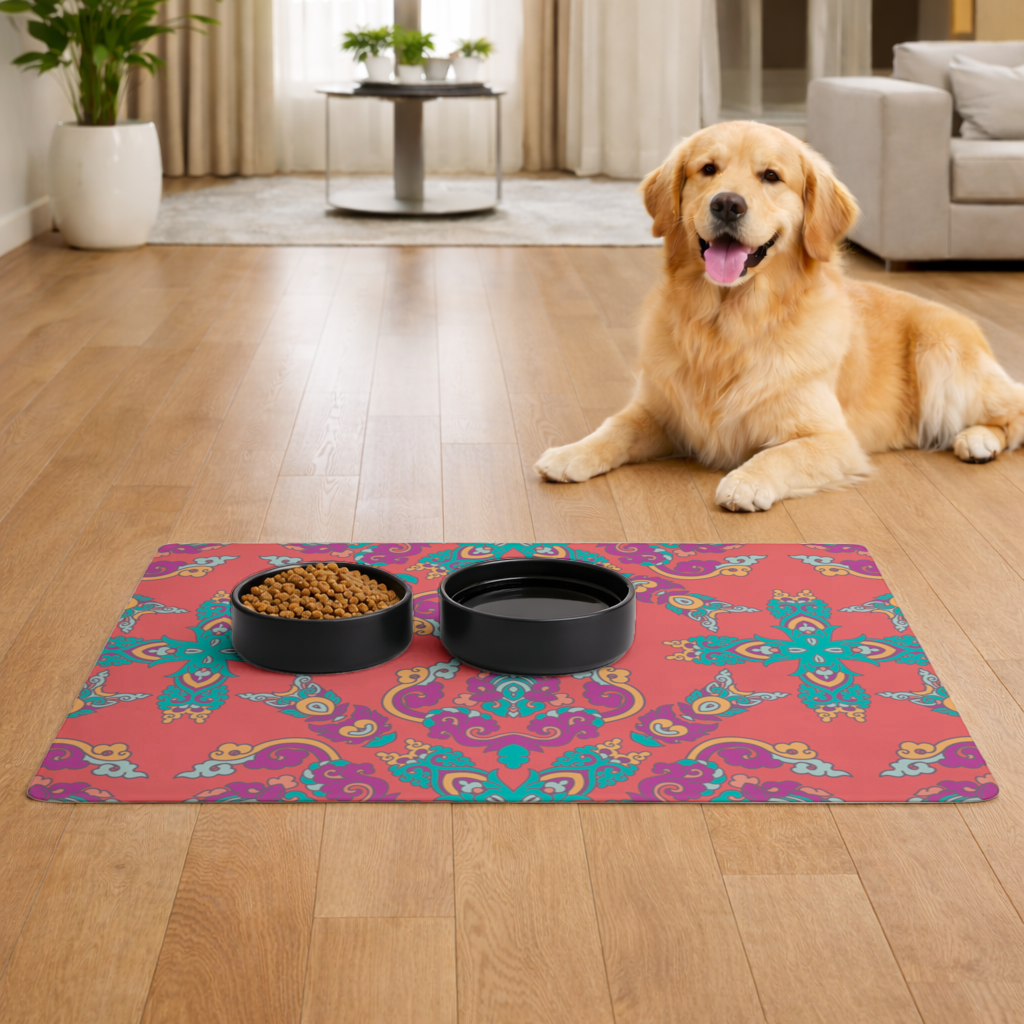 Vibrant Red Oriental Mandala Pattern Pet Feeding Mat