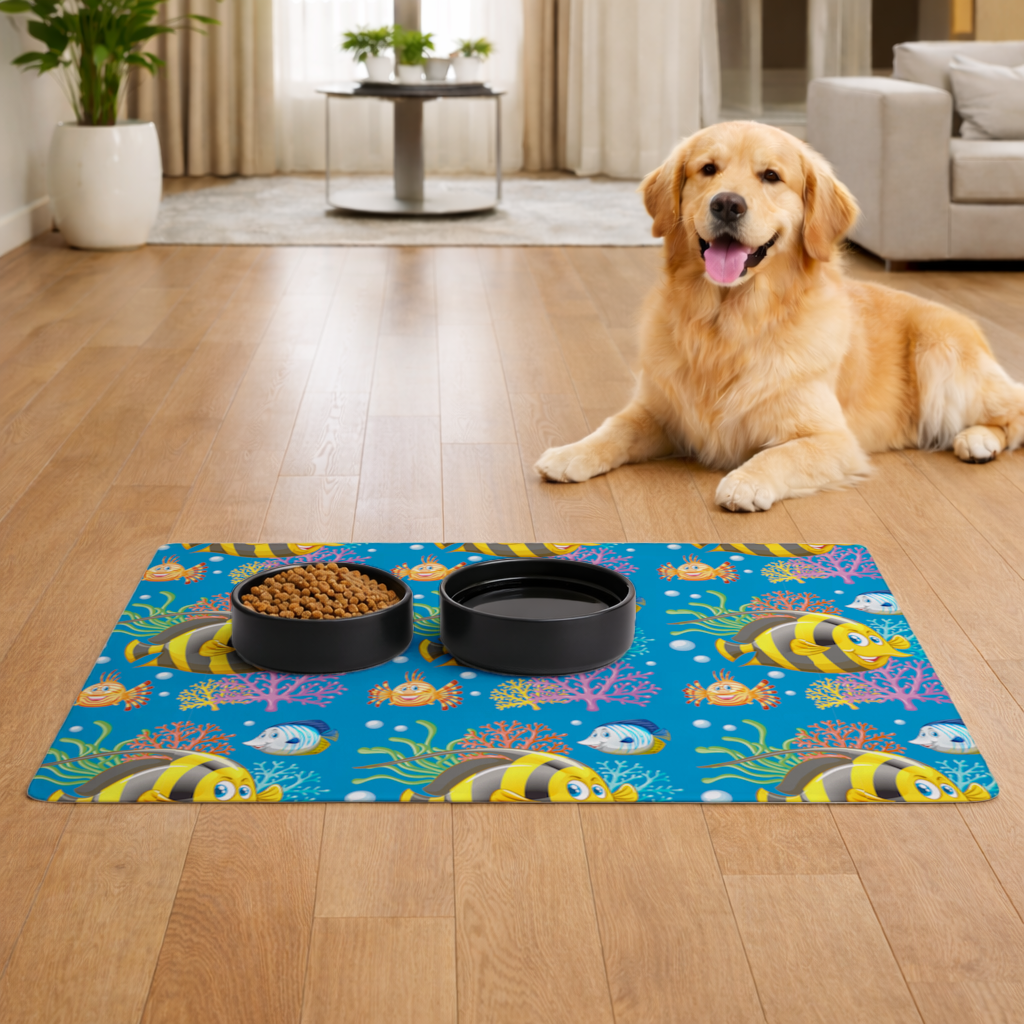Colorful Tropical Fish and Coral Reef Pattern Pet Feeding Mat