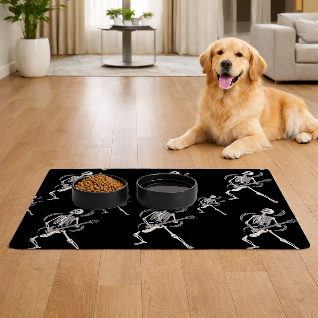 Rock Guitar Playing Skeleton Pattern on Black Pet Feeding Mat