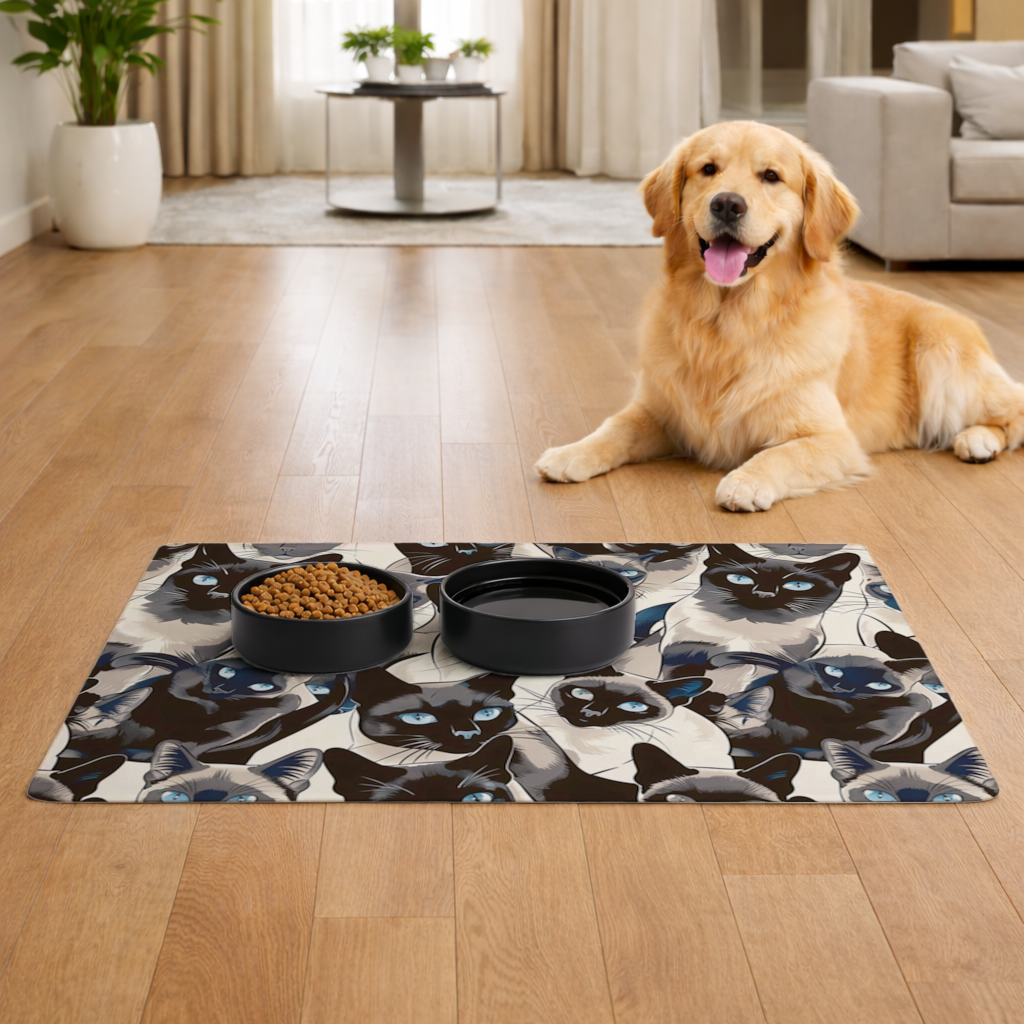 Blue Eyed Siamese Cat Elegant Illustration Pattern Pet Feeding Mat