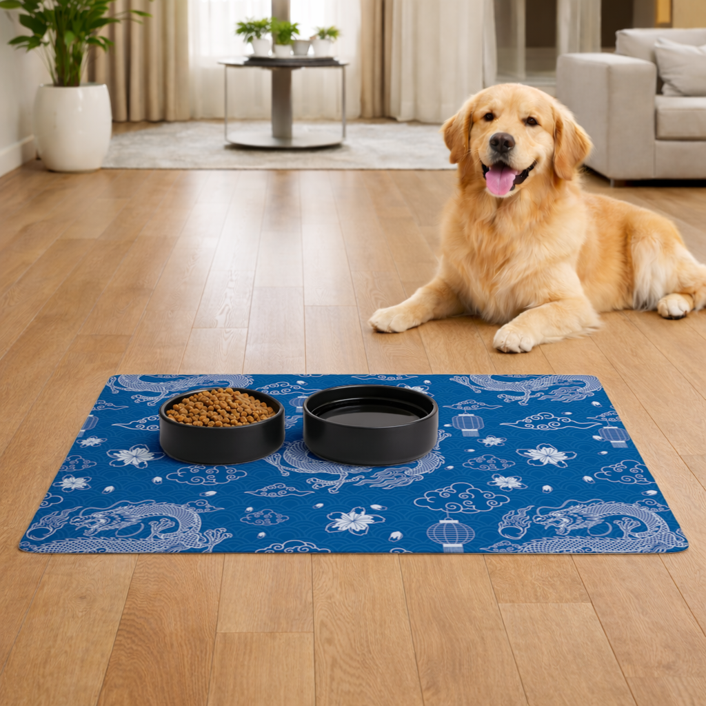 Traditional Dragon Pattern on Blue Background Pet Feeding Mat