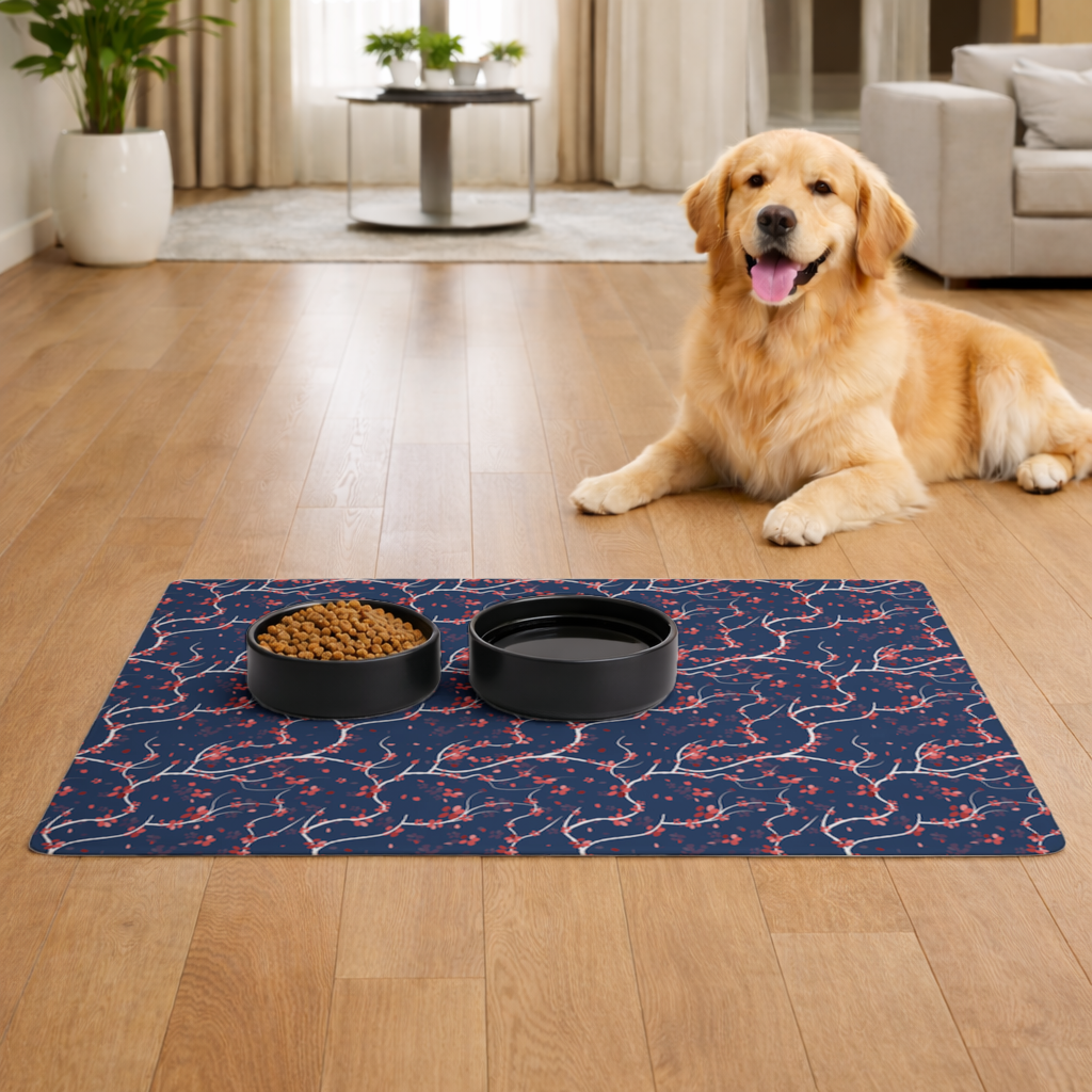 Red Floral Branch Pattern on Navy Background 