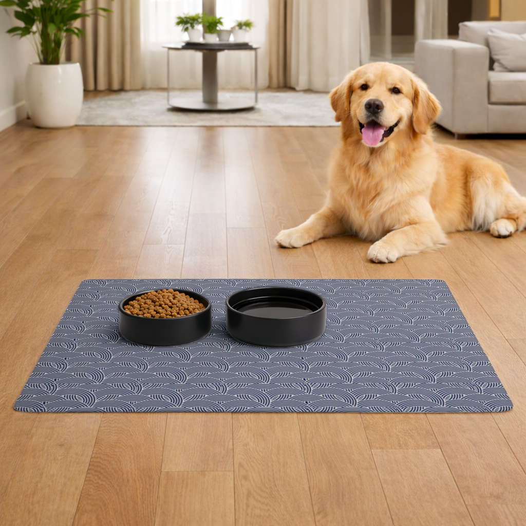 Navy and White Semi Circle Geometric Pattern Pet Feeding Mat