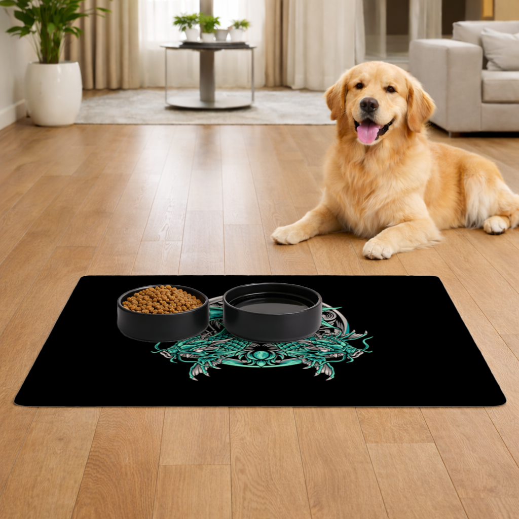 Turkuaz Çift Ejderha Amblem Tasarımı Evcil Hayvan Besleme Matı