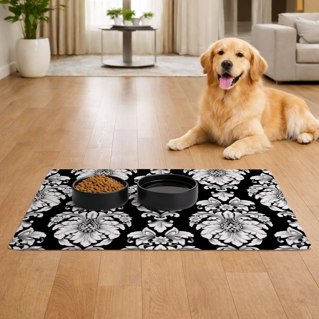 Black and White Baroque Floral Pattern Pet Feeding Mat