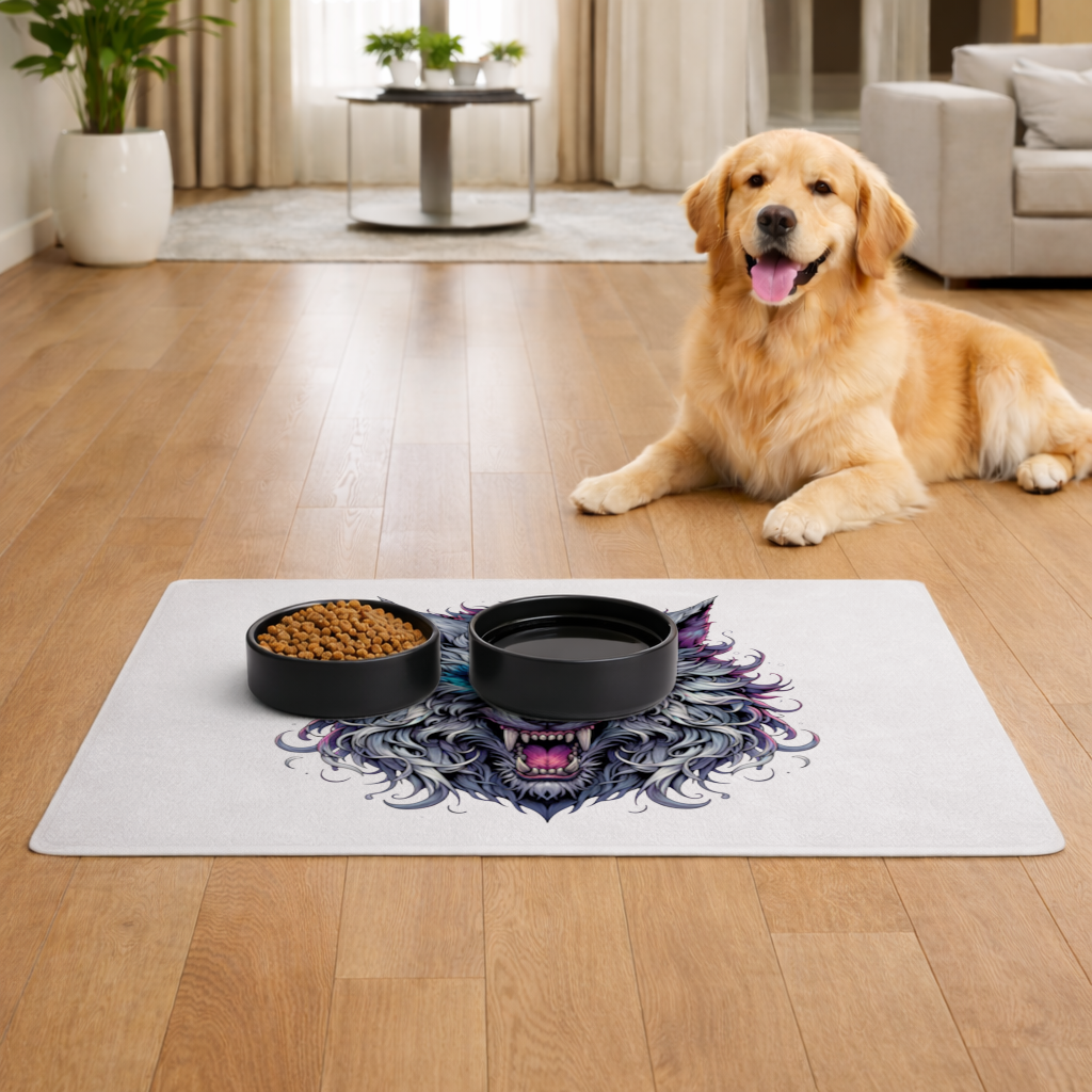 Fierce Wolf Head Illustration Heterochromia Eyes, Savage Wolf Pet Feeding Mat