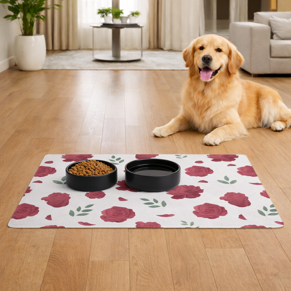 Red Rose and Leaf Romantic Seamless Pattern Pet Feeding Mat