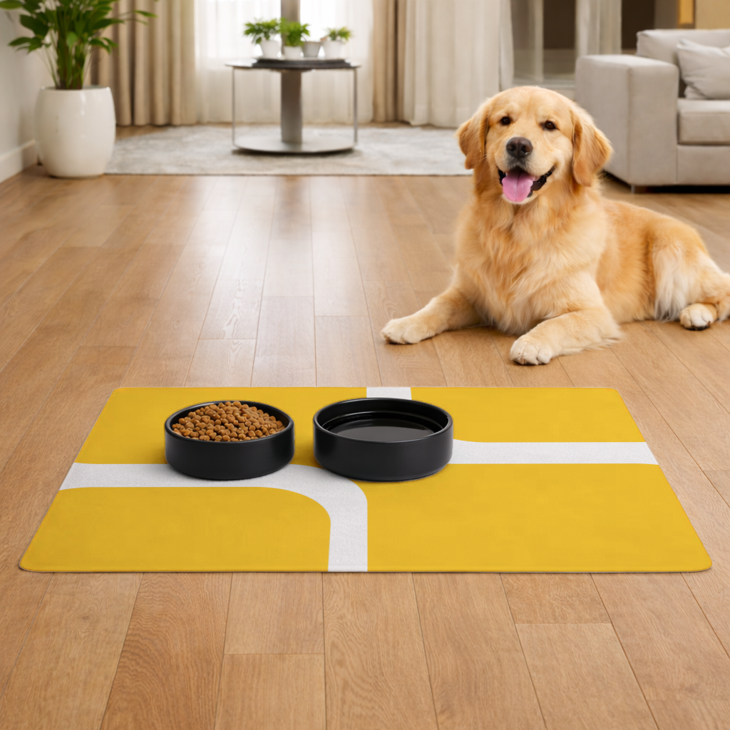 Yellow Geometric Labyrinth and Modern Abstract Pattern Pet Feeding Mat