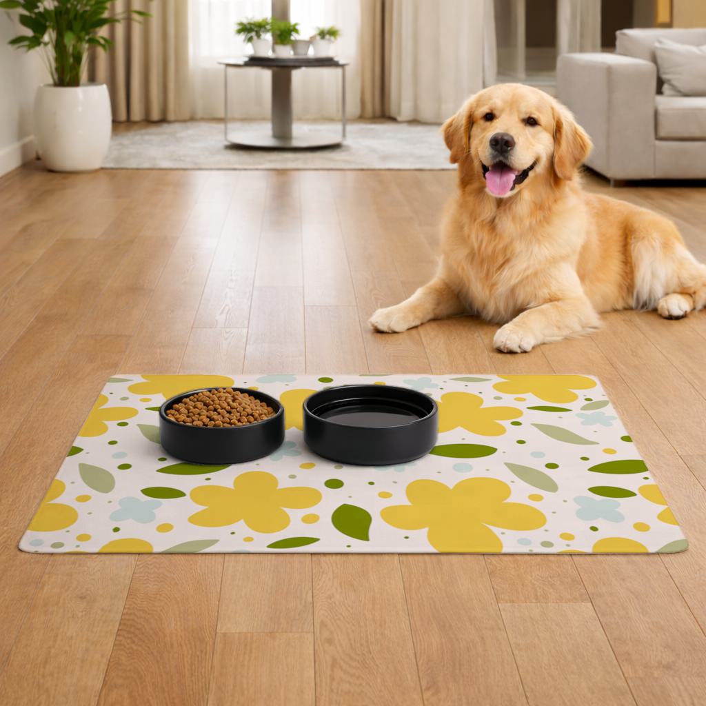 Yellow Floral and Leaf Boho Seamless Pattern Pet Feeding Mat