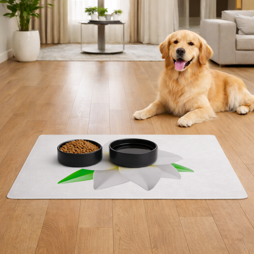 3D White Lily Flower Illustration Pet Feeding Mat