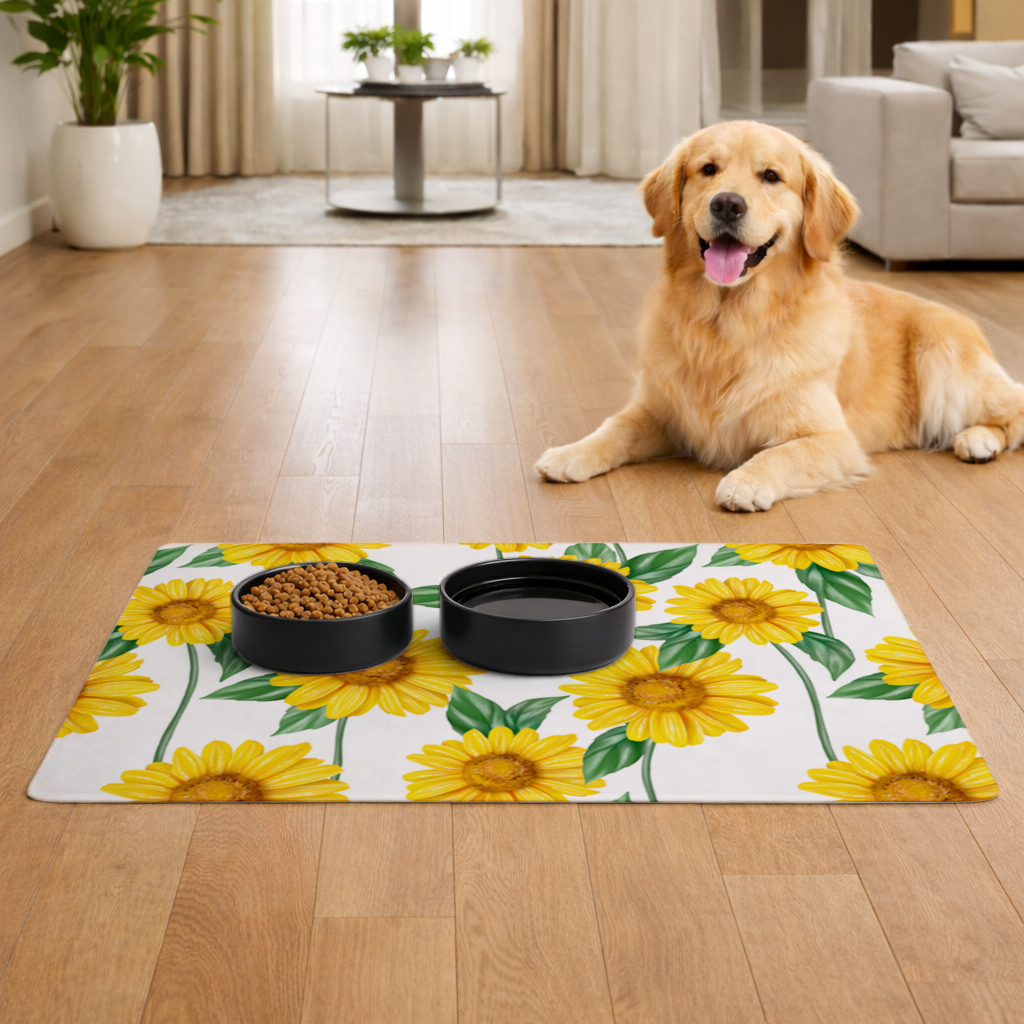 Canlı Sarı Ayçiçeği ve Yeşil Yaprak Desenli İllüstrasyon Evcil Hayvan Besleme Matı