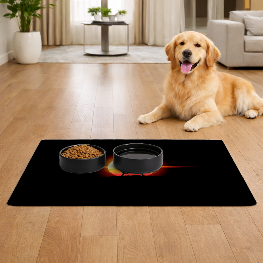 Samurai Silhouette Under the Rising Sun Honor and Strength Pet Feeding Mat