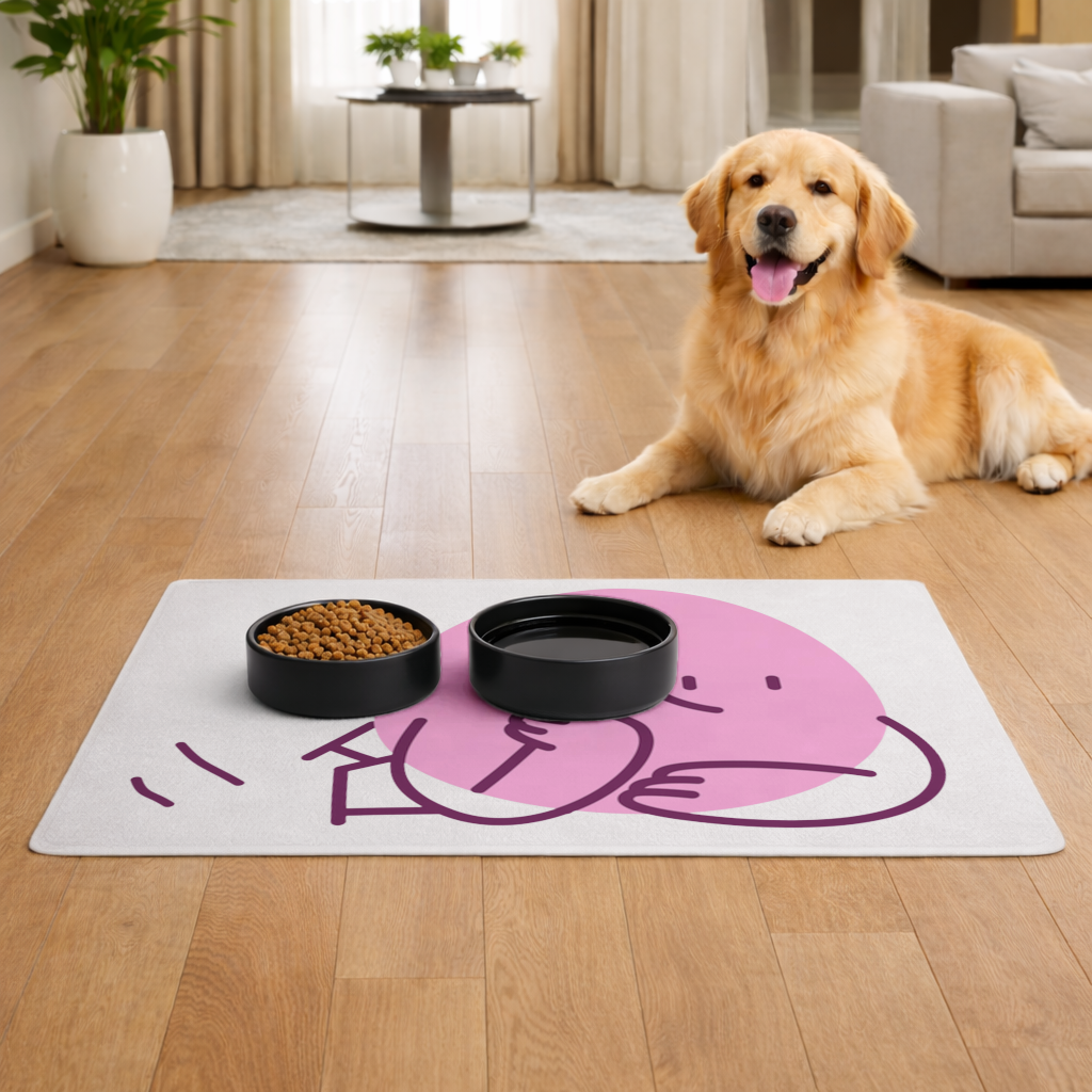 Cute Pink Lying Character Illustration Pet Feeding Mat