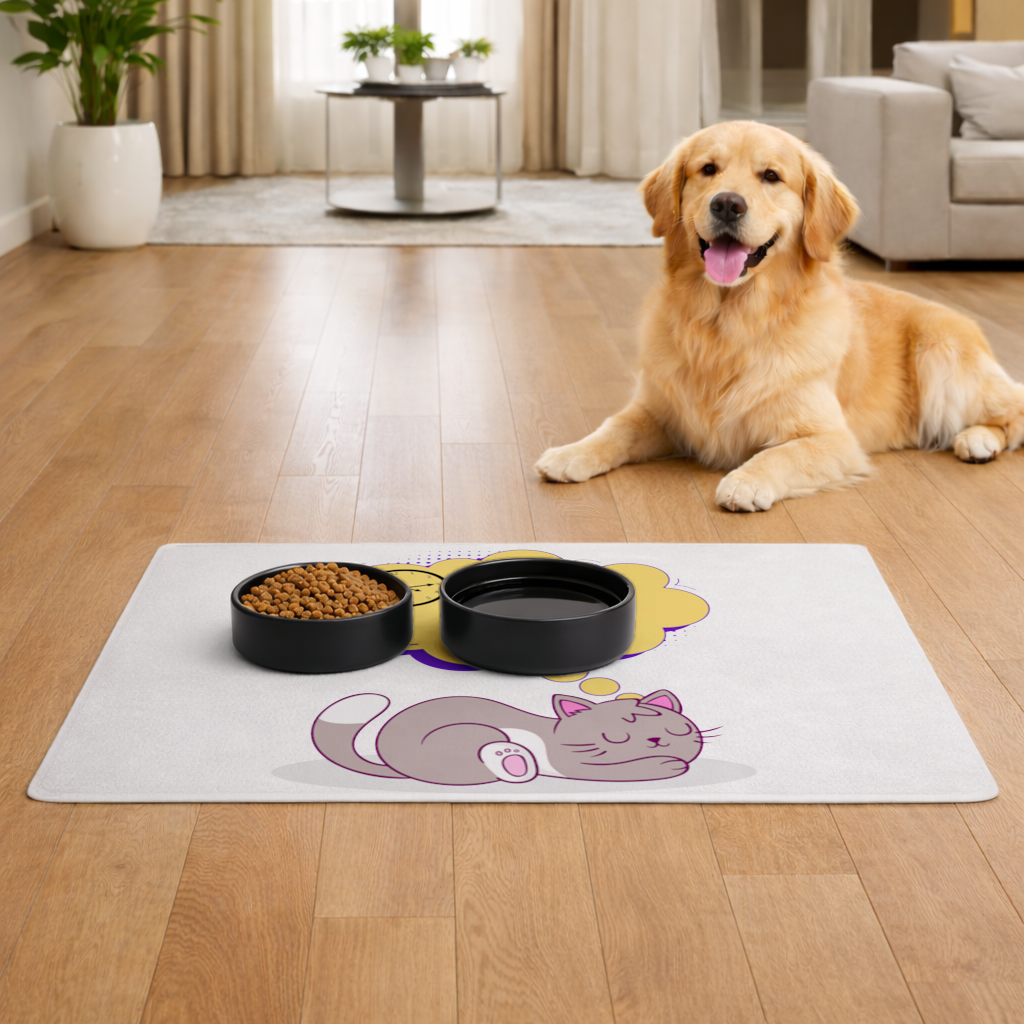 Cat Planning a 4 AM Zoomies Illustration Pet Feeding Mat