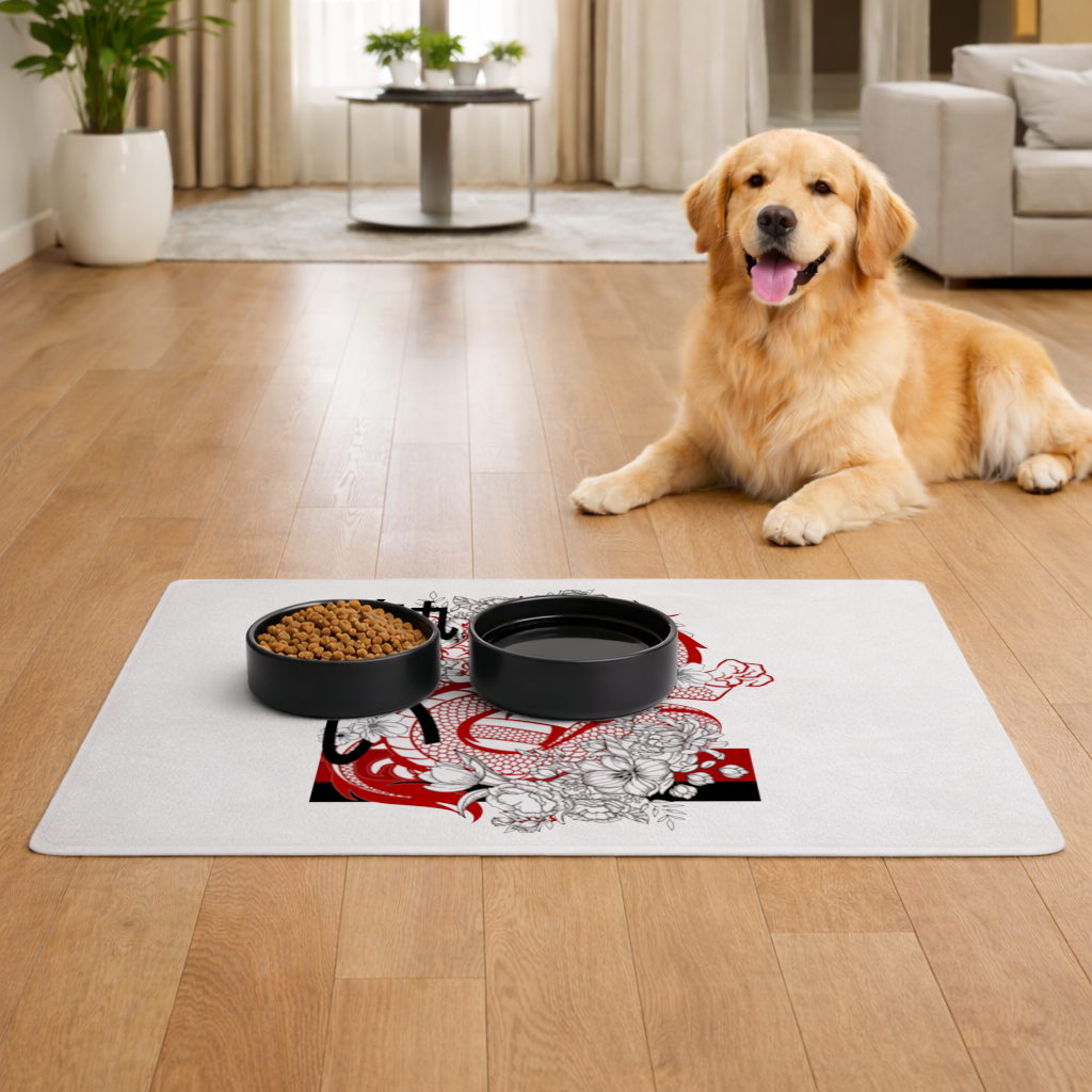 Japanese Dragon with Floral Design Pet Feeding Mat