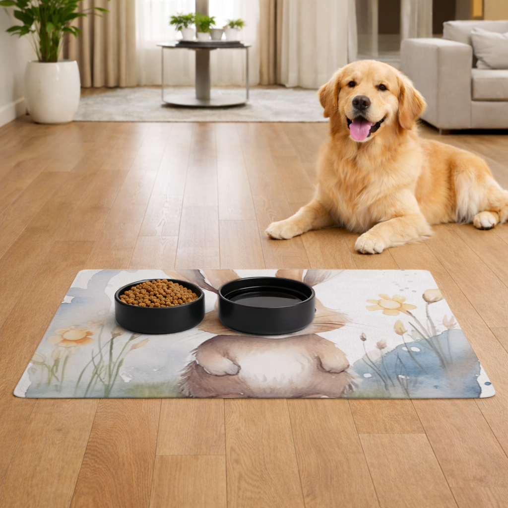 Cute Bunny Watercolor Illustration Pet Feeding Mat