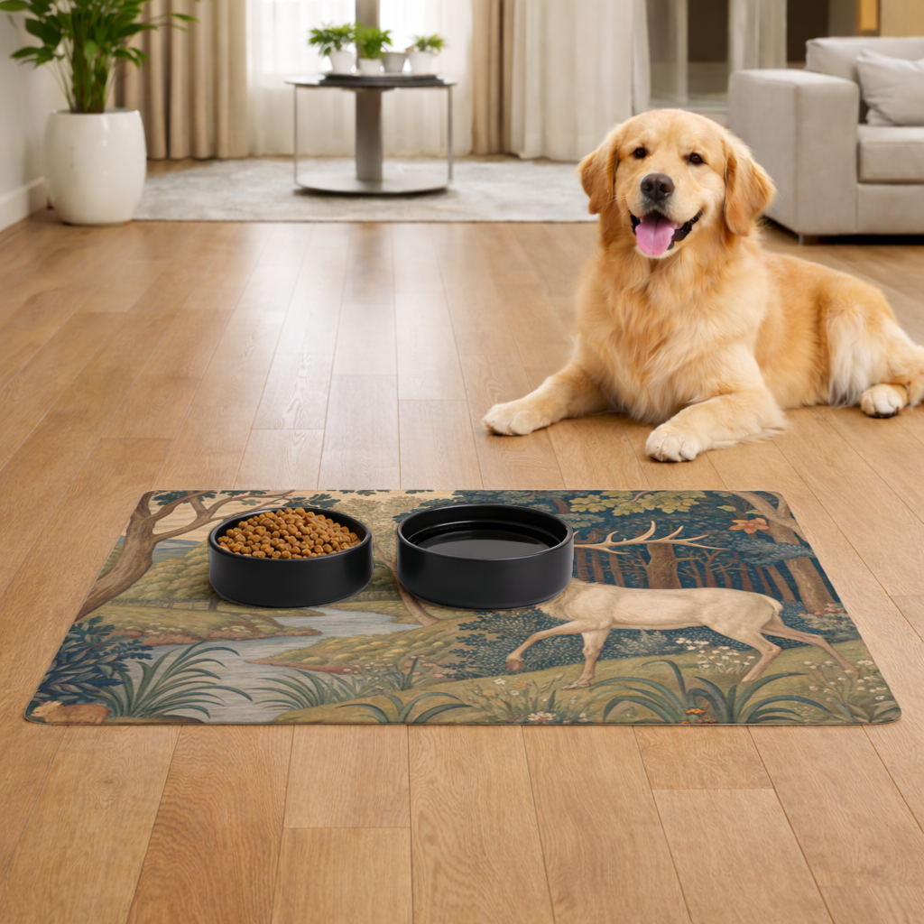 Noble Deer in Forest Landscape Classic Art Illustration Pet Feeding Mat