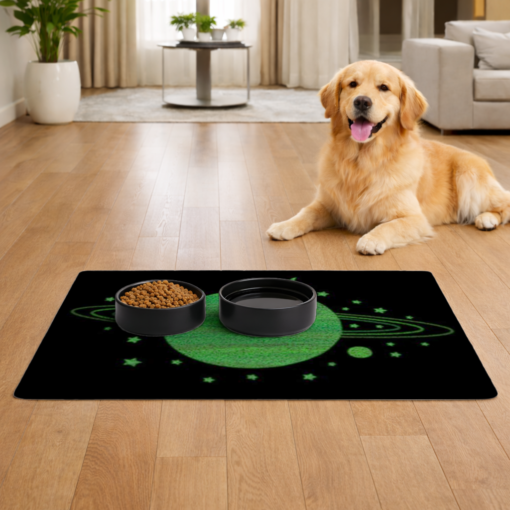 Green planets on a black background. 