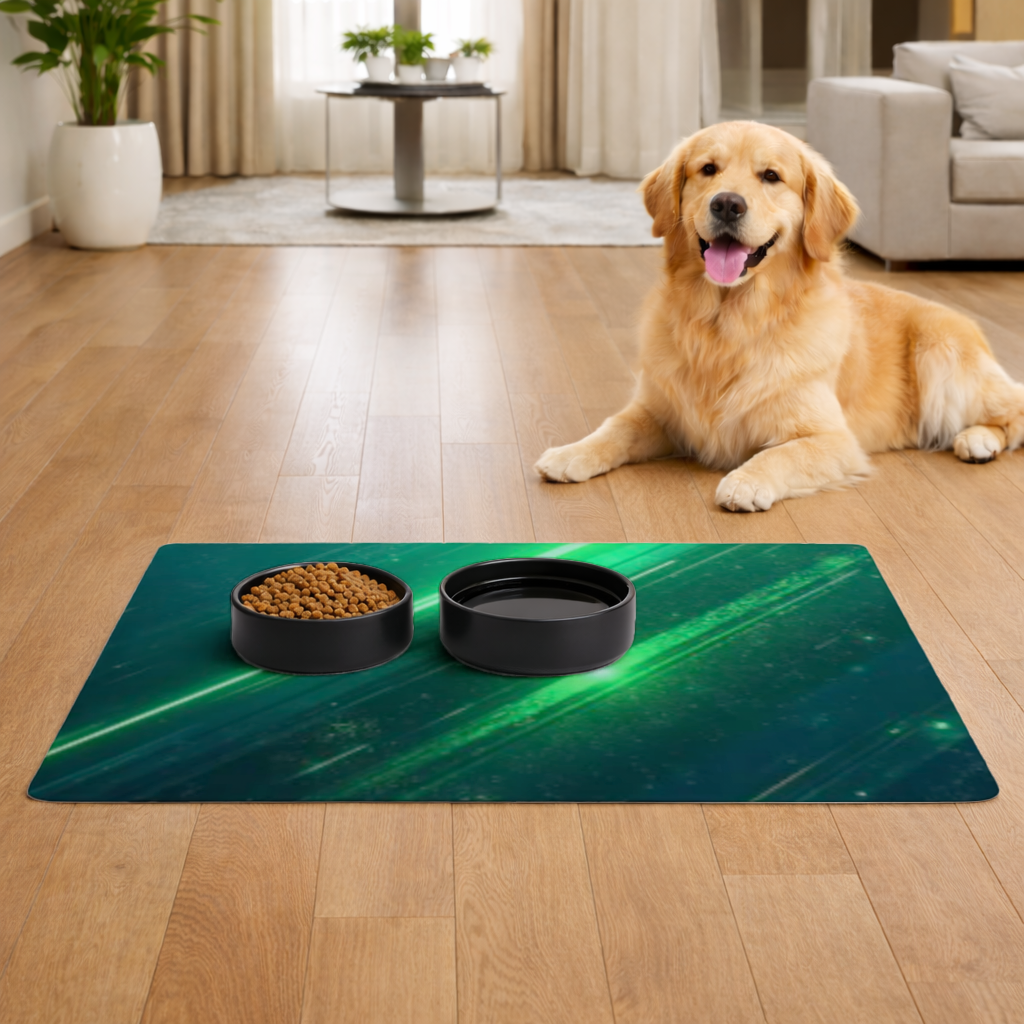 Green bright strips on black background. Pet Feeding Mat