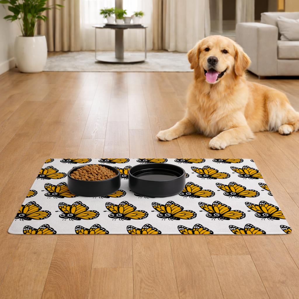 Smiling Orange Monarch Butterfly Character Pet Feeding Mat
