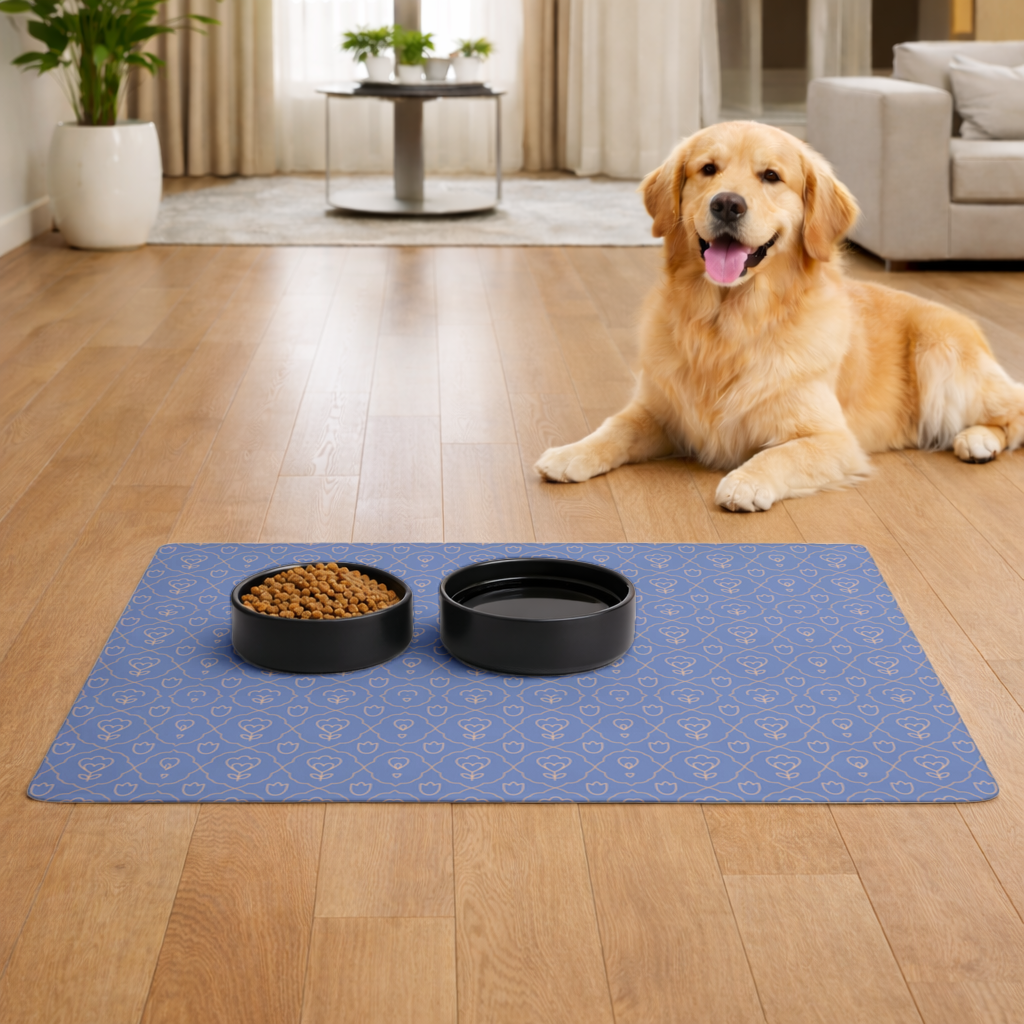 Orange Linear Floral Pattern on Blue Pet Feeding Mat