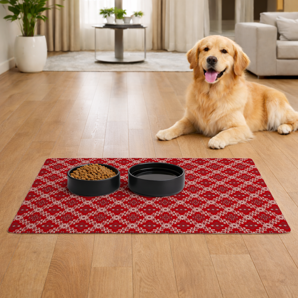 Red Ethnic Embroidery Pattern Pet Feeding Mat